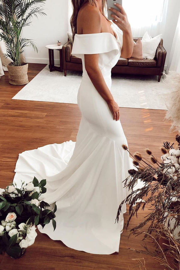 Off-Shoulder Pleated Satin Mermaid Wedding Dress