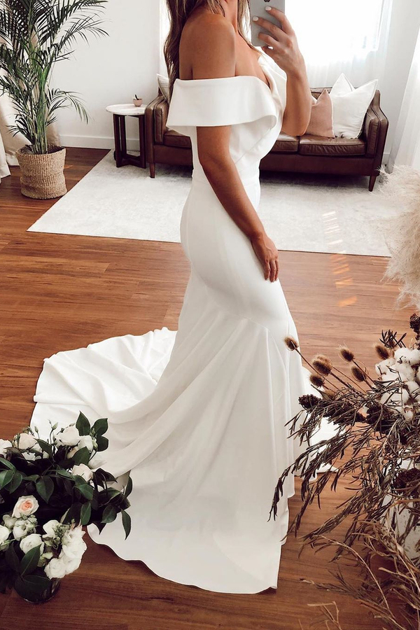 Off-Shoulder Pleated Satin Mermaid Wedding Dress