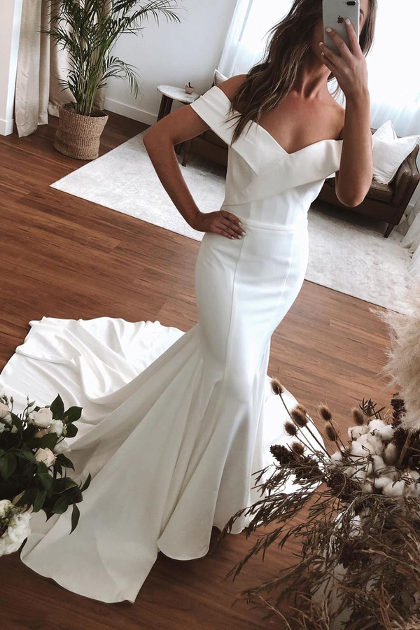 Off-Shoulder Pleated Satin Mermaid Wedding Dress