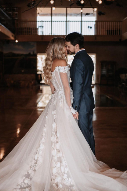 Off-Shoulder Printed Lace-Tulle Floor-Length Wedding Dress