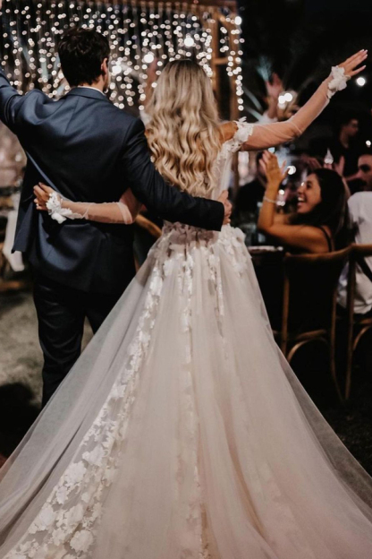 Off-Shoulder Printed Lace-Tulle Floor-Length Wedding Dress
