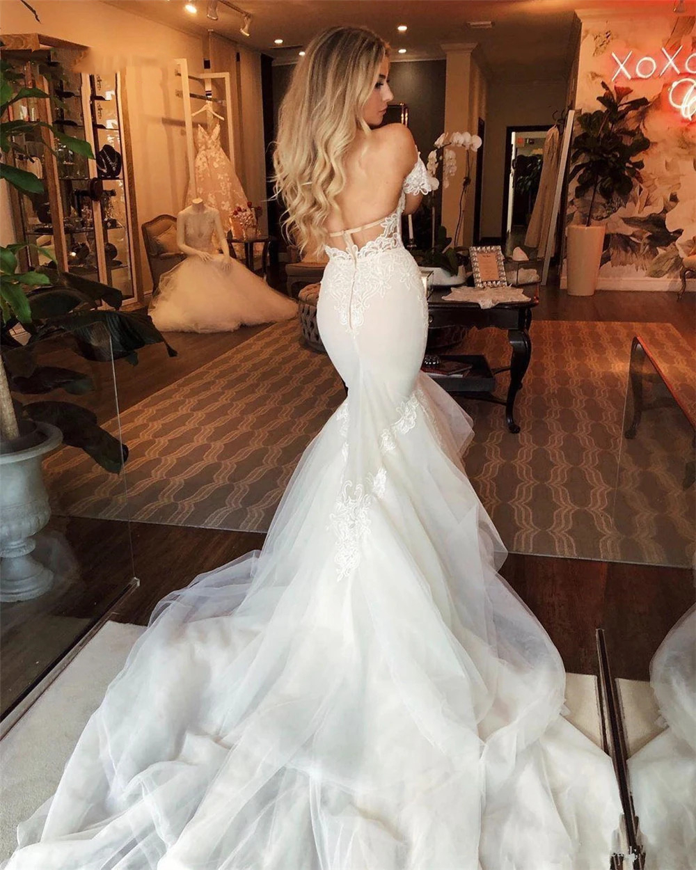 Off-Shoulder Puffy Tulle Wedding Dress with Mermaid Applique and Sweep Train