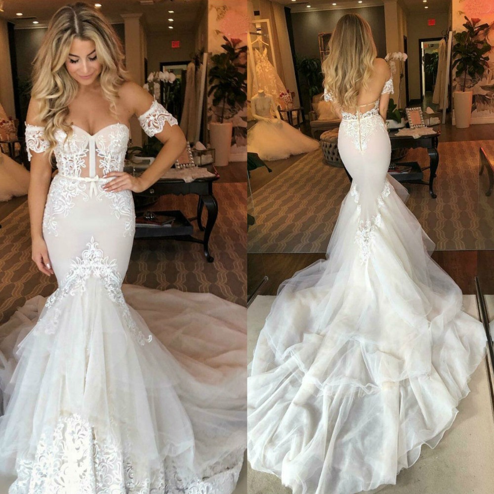 Off-Shoulder Puffy Tulle Wedding Dress with Mermaid Applique and Sweep Train