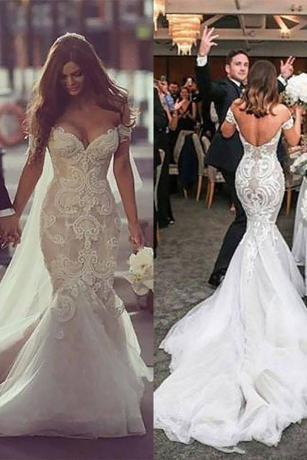 Off-Shoulder Sleeveless Mermaid Tulle Chapel Train Wedding Dress