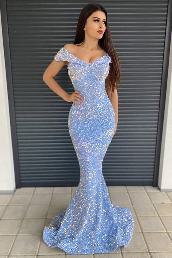 Off Shoulder Sparkly Sequins Mermaid Evening Maxi Dress