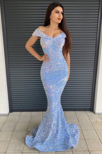 Off Shoulder Sparkly Sequins Mermaid Evening Maxi Dress