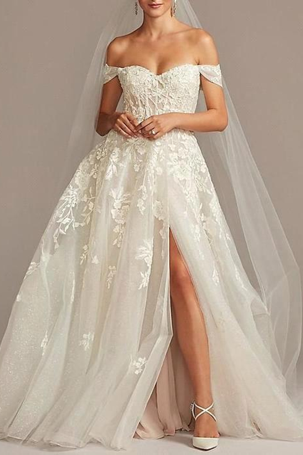 Off-Shoulder Tulle Short Sleeve A-Line Wedding Dress with Sweep Train