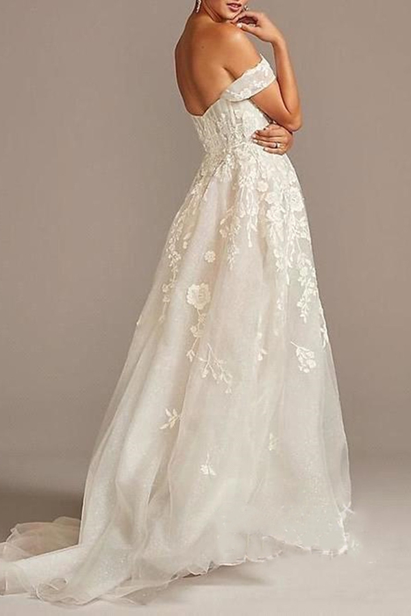Off-Shoulder Tulle Short Sleeve A-Line Wedding Dress with Sweep Train