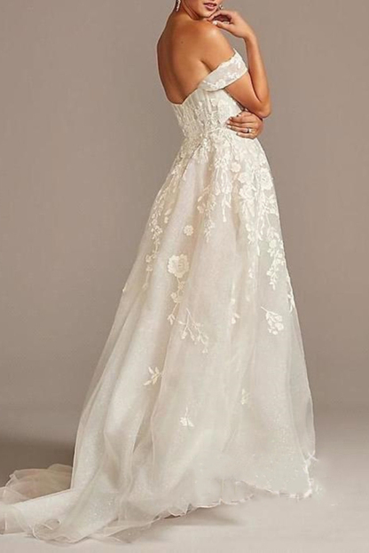 Off-Shoulder Tulle Short Sleeve A-Line Wedding Dress with Sweep Train