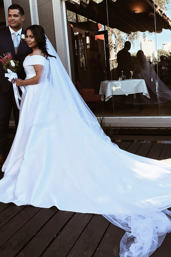 Off-Shoulder White Ball Gown Long Wedding Dress