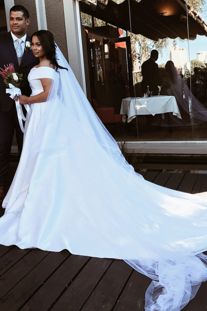 Off-Shoulder White Ball Gown Long Wedding Dress