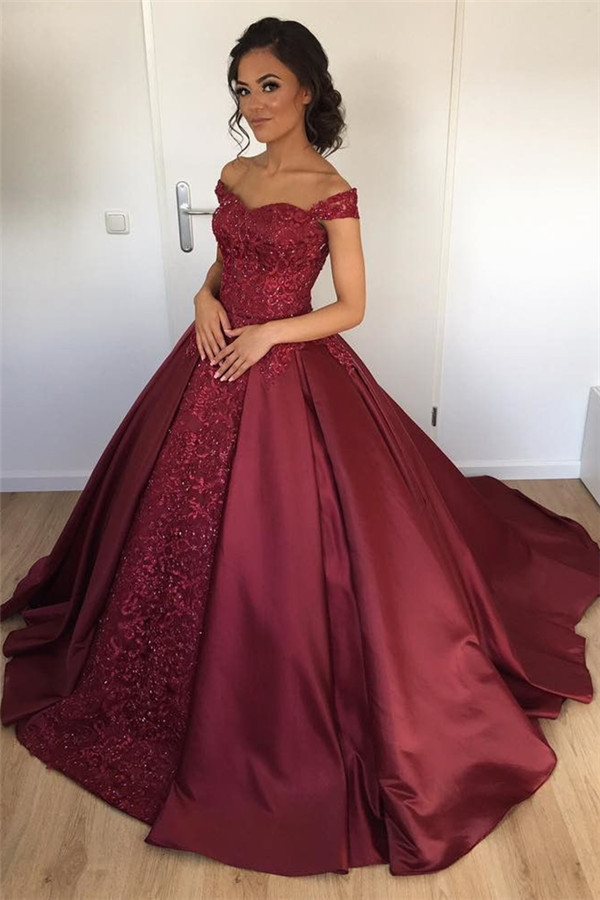 Off The Shoulder Burgundy Evening Gown Beads Appliqués Prom Dress
