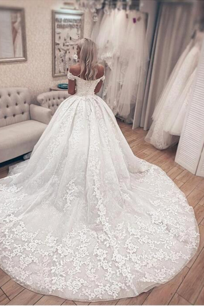 Off The Shoulder Floral Appliques Ball Gown Wedding Dresses | Lace Sleeveless Bridal Gowns