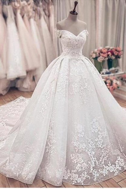 Off The Shoulder Floral Appliques Ball Gown Wedding Dresses | Lace Sleeveless Bridal Gowns
