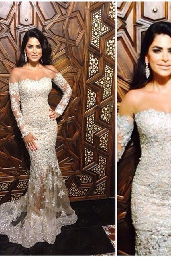 Off The Shoulder Formal Dress Illusion Appliques Long Sleeve Lace Mermaid Evening Dress