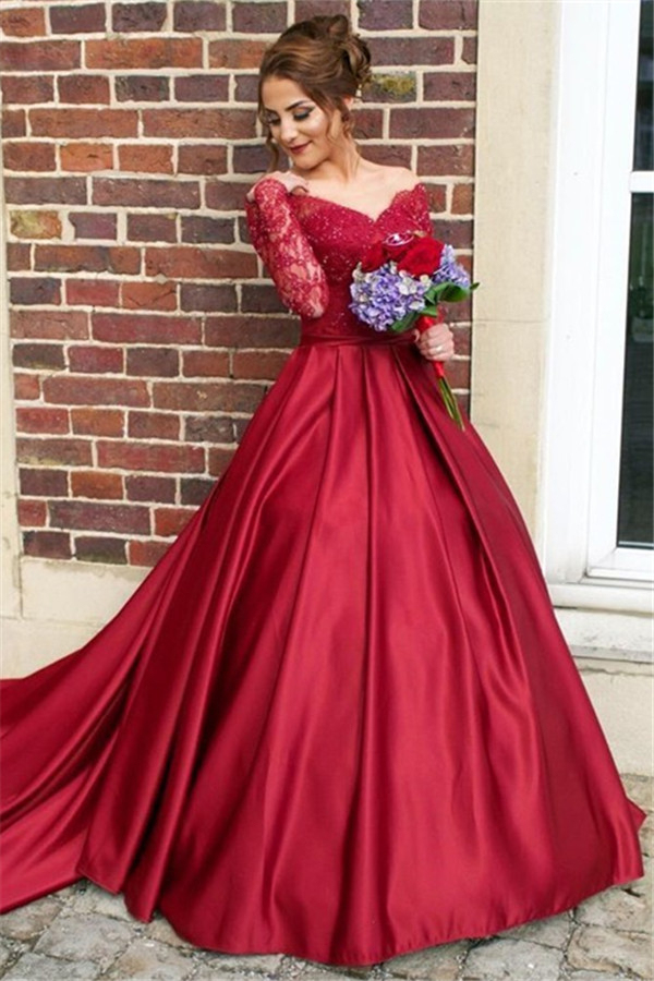 Off The Shoulder Long Sleeve Evening Dress Burgundy V-neck Wedding Dress