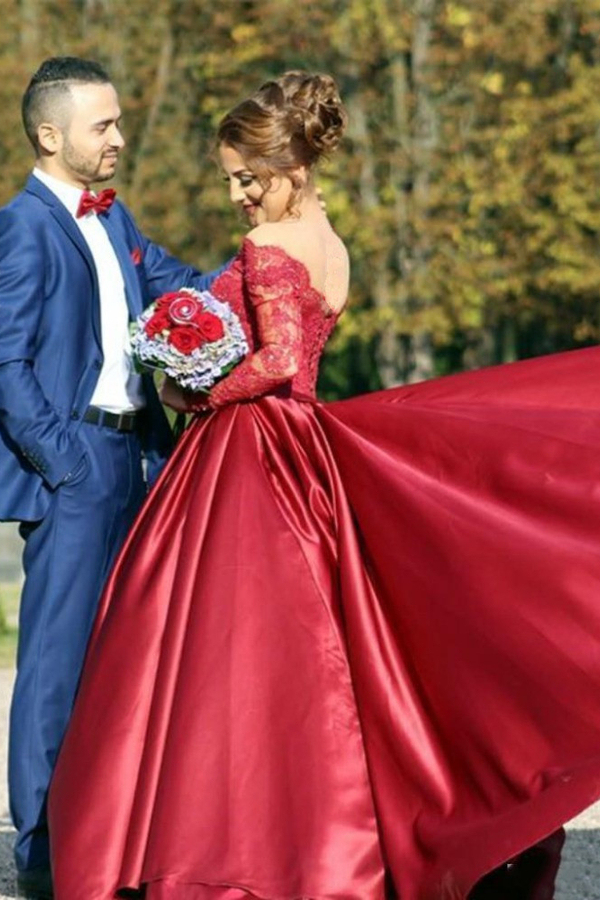 Off The Shoulder Long Sleeve Evening Dress Burgundy V-neck Wedding Dress