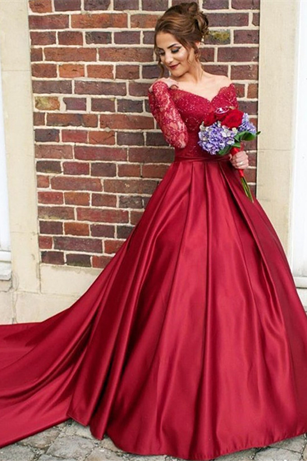 Off The Shoulder Long Sleeve Evening Dress Burgundy V-neck Wedding Dress