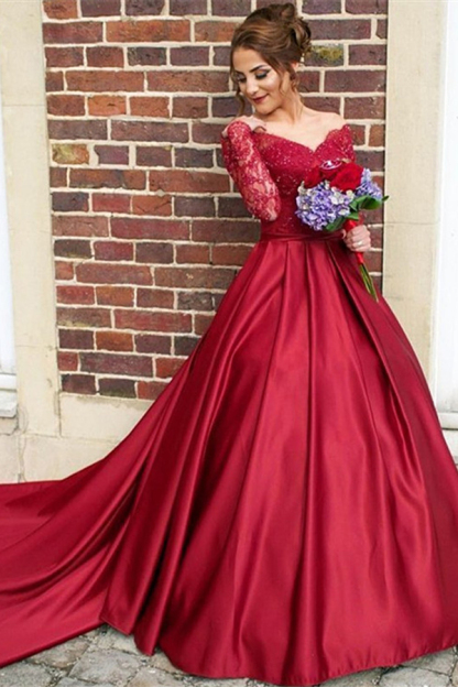 Off The Shoulder Long Sleeve Evening Dress Burgundy V-neck Wedding Dress