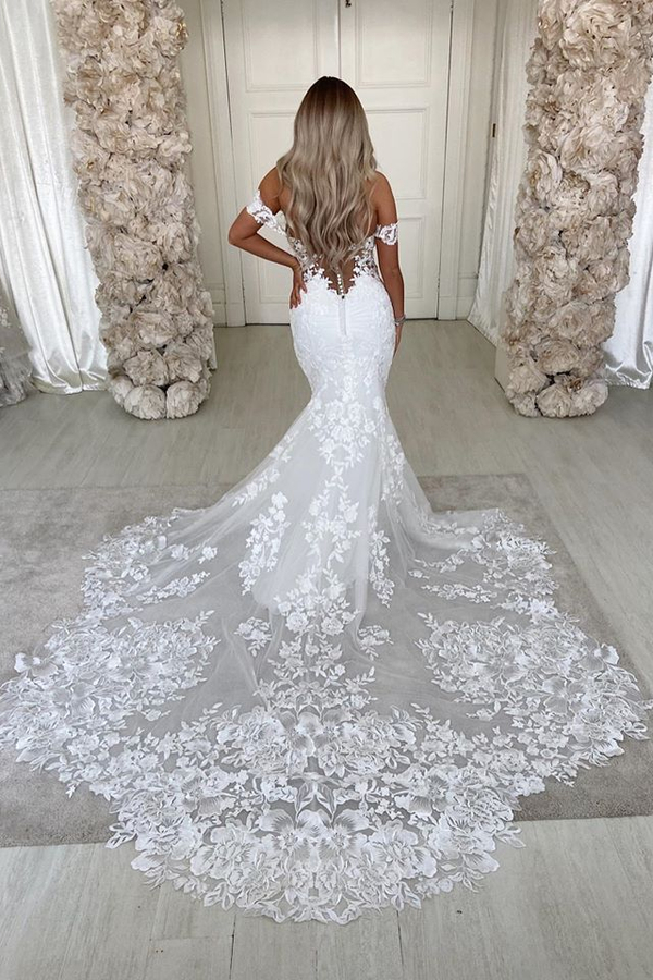 Off The Shoulder Mermaid Appliques Wedding Dresses | Lace Backless Bridal Gowns