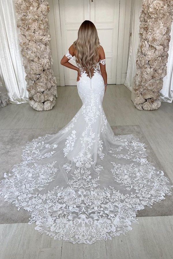 Off The Shoulder Mermaid Appliques Wedding Dresses | Lace Backless Bridal Gowns