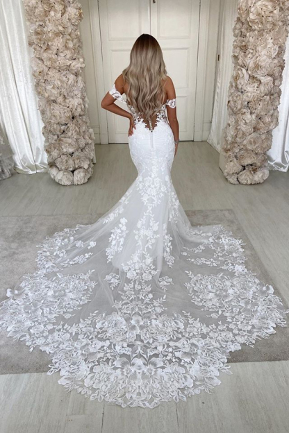 Off The Shoulder Mermaid Appliques Wedding Dresses | Lace Backless Bridal Gowns