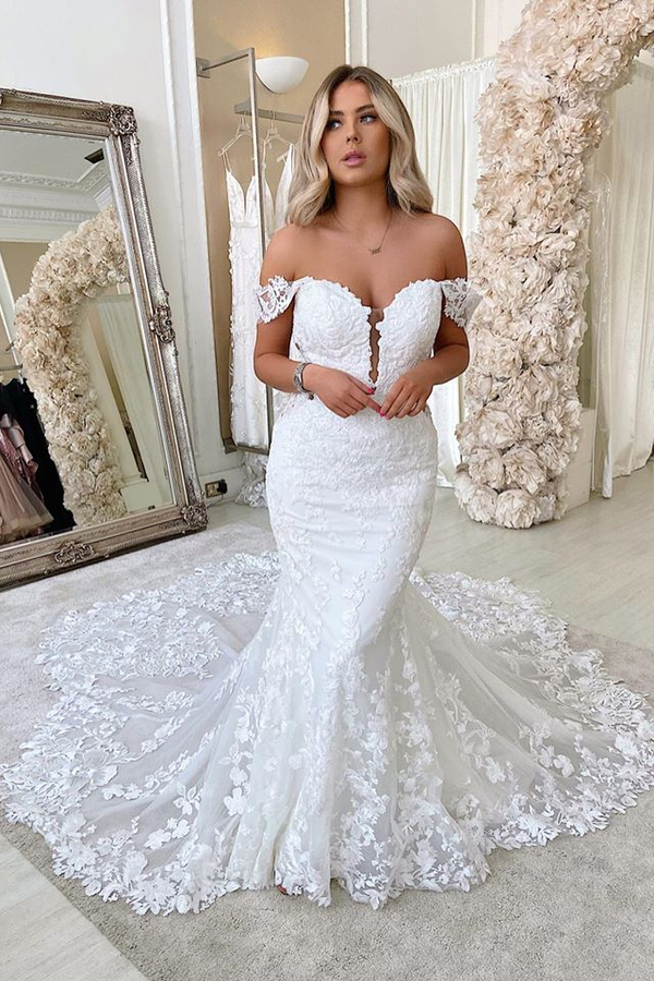 Off The Shoulder Mermaid Appliques Wedding Dresses | Lace Backless Bridal Gowns