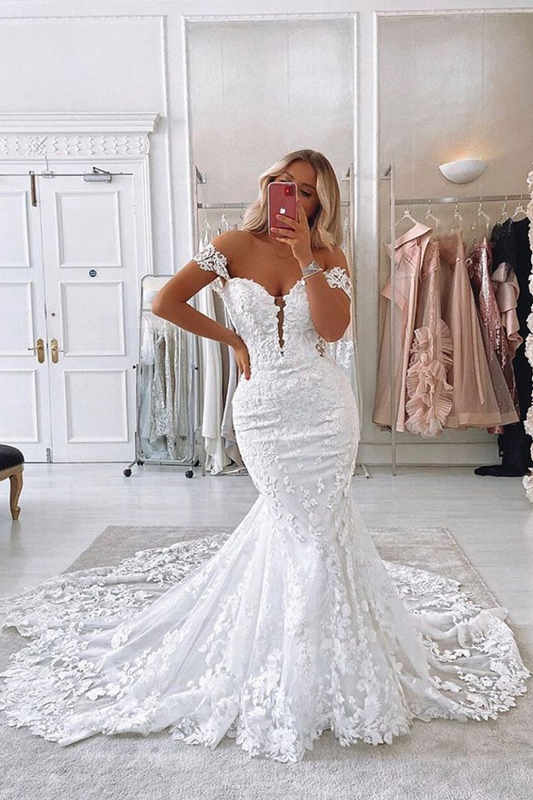 Off The Shoulder Mermaid Appliques Wedding Dresses | Lace Backless Bridal Gowns
