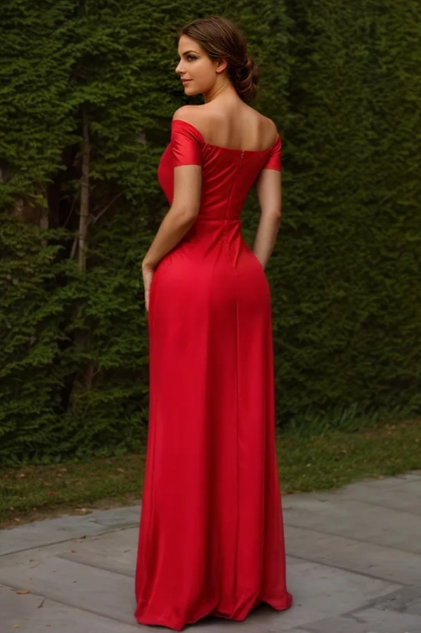 Off-The-Shoulder Ruched Stretch Satin Bridesmaid Dresses With Front Split