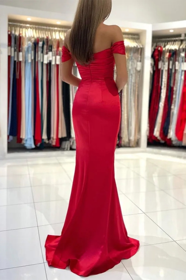 Off-The-Shoulder Simple Bridesmaid Dresses With Front Split Satin Evening Dress