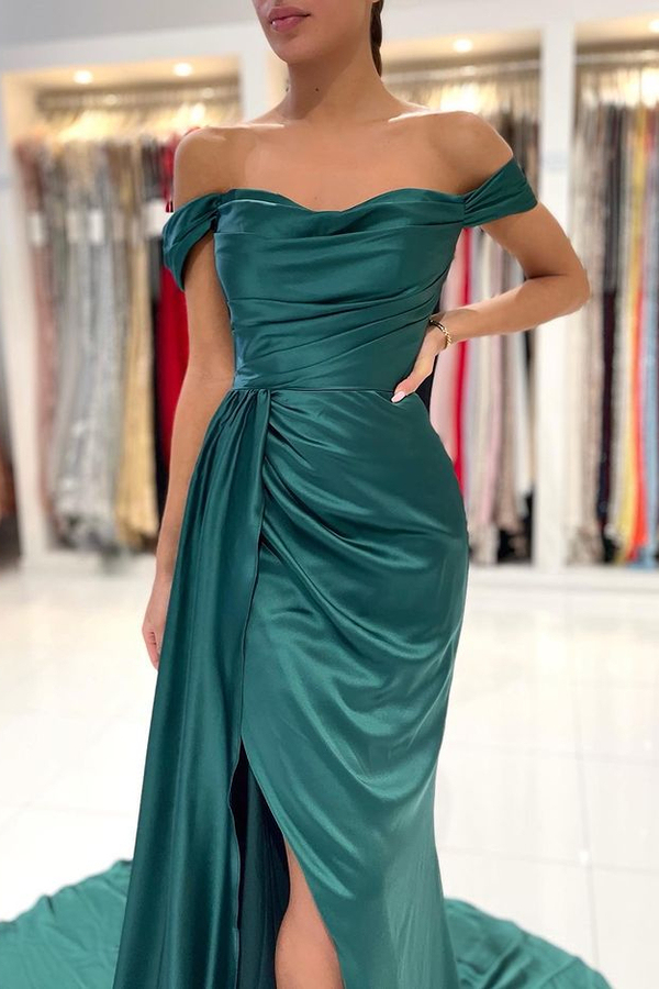 Off-the-Shoulde Dark Green Long Evening Dress Ruched Satin Formal Dress