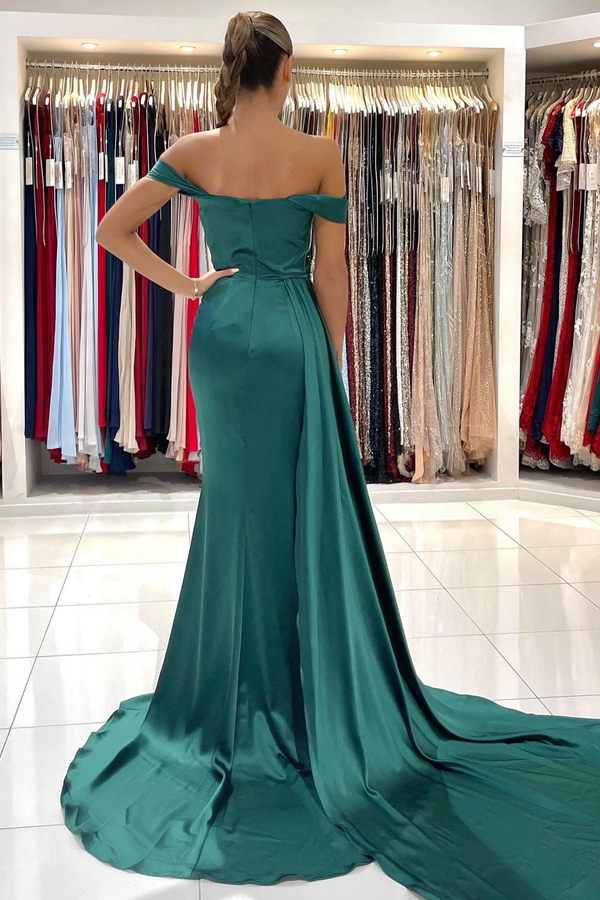 Off-the-Shoulde Dark Green Long Evening Dress Ruched Satin Formal Dress