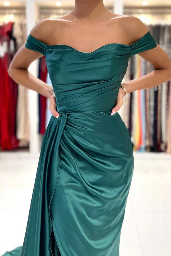 Off-the-Shoulde Dark Green Long Evening Dress Ruched Satin Formal Dress
