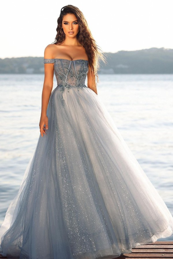 Off-the-Shoulder A-Line Tulle Lace Prom Dress