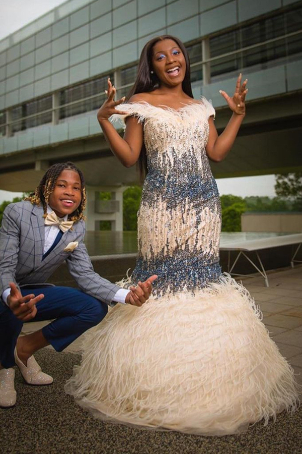 Off-the-Shoulder Beaded Evening Gown Fur Prom Gown