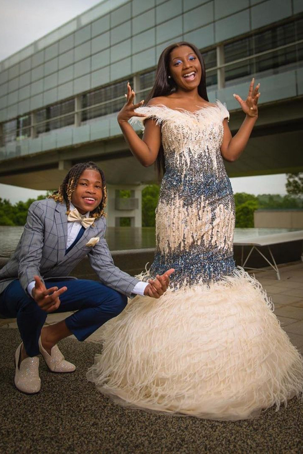 Off-the-Shoulder Beaded Evening Gown Fur Prom Gown