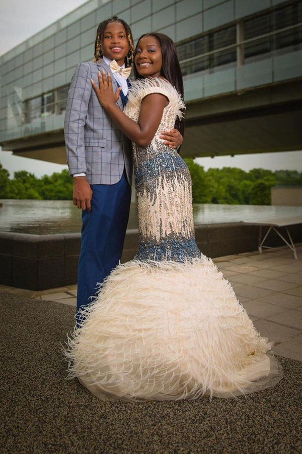 Off-the-Shoulder Beaded Evening Gown Fur Prom Gown