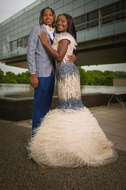 Off-the-Shoulder Beaded Evening Gown Fur Prom Gown