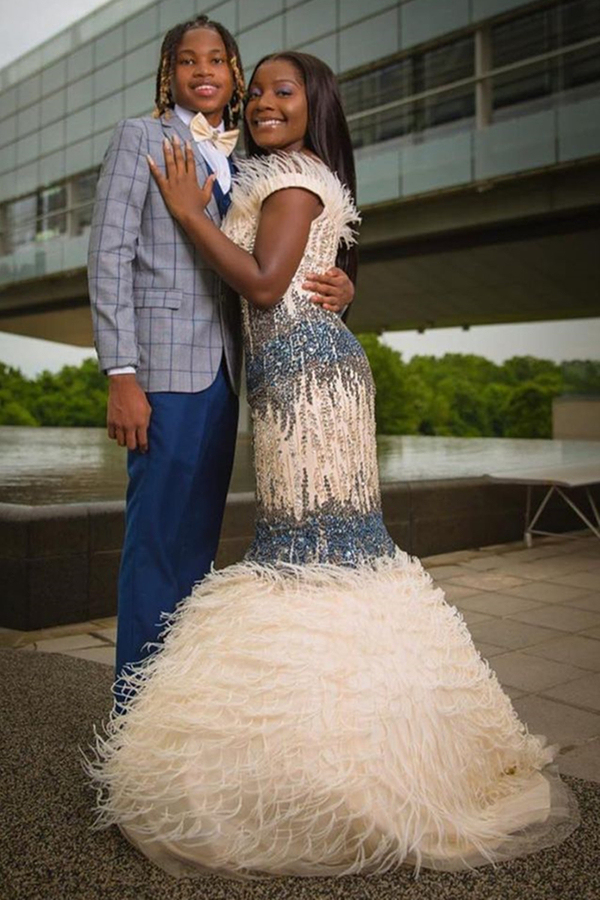 Off-the-Shoulder Beaded Evening Gown Fur Prom Gown