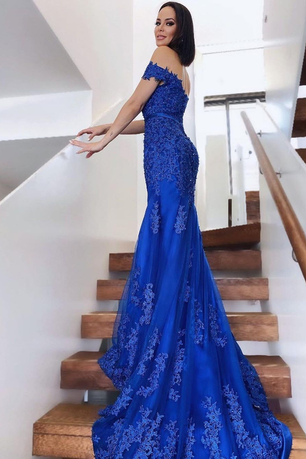 Off-the-Shoulder Mermaid Evening Gown Tulle Lace Appliqués Prom Dress