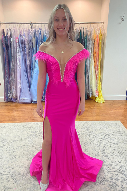 Off-the-Shoulder Mermaid High Split Prom Dress Fuchsia