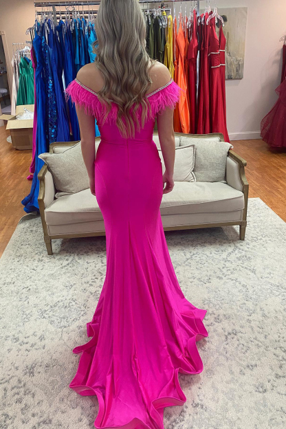 Off-the-Shoulder Mermaid High Split Prom Dress Fuchsia