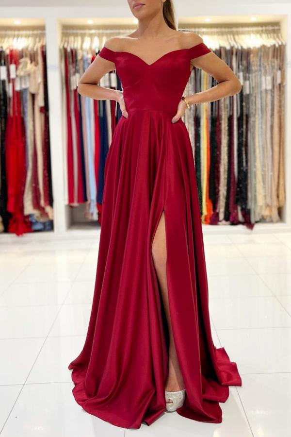 Off-the-Shoulder Red Evening Maxi Dress with Side Slit