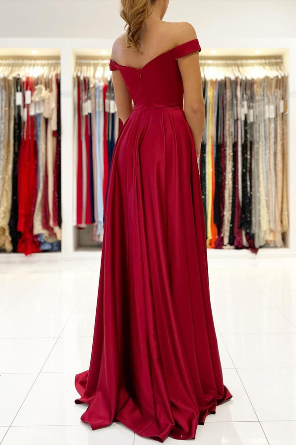Off-the-Shoulder Red Evening Maxi Dress with Side Slit