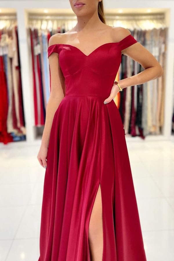 Off-the-Shoulder Red Evening Maxi Dress with Side Slit