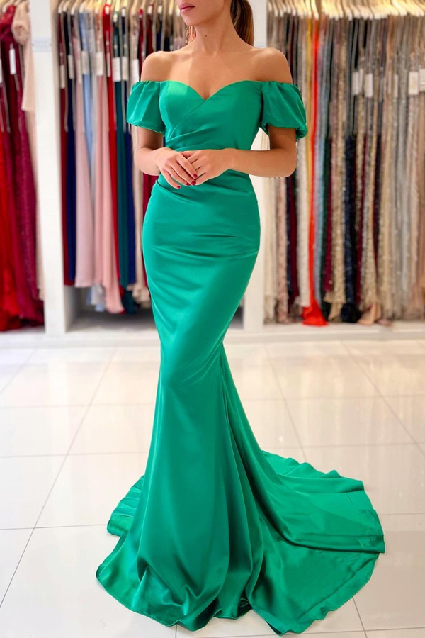 Off-the-Shoulder Satin Mermaid Evening Gown Sheath Green Long Prom Dress