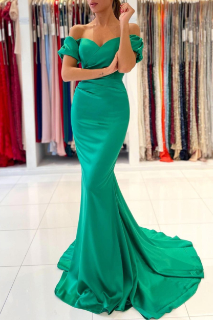 Off-the-Shoulder Satin Mermaid Evening Gown Sheath Green Long Prom Dress
