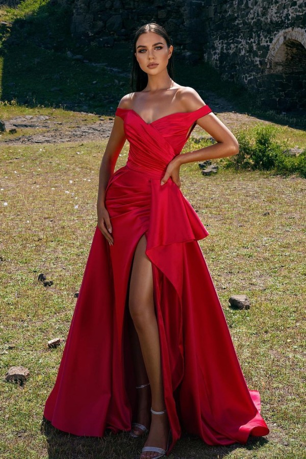 Off-the-Shoulder Split Front Satin Red Prom Dress Long