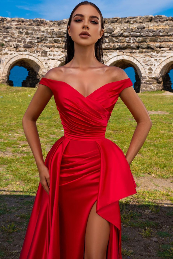 Off-the-Shoulder Split Front Satin Red Prom Dress Long