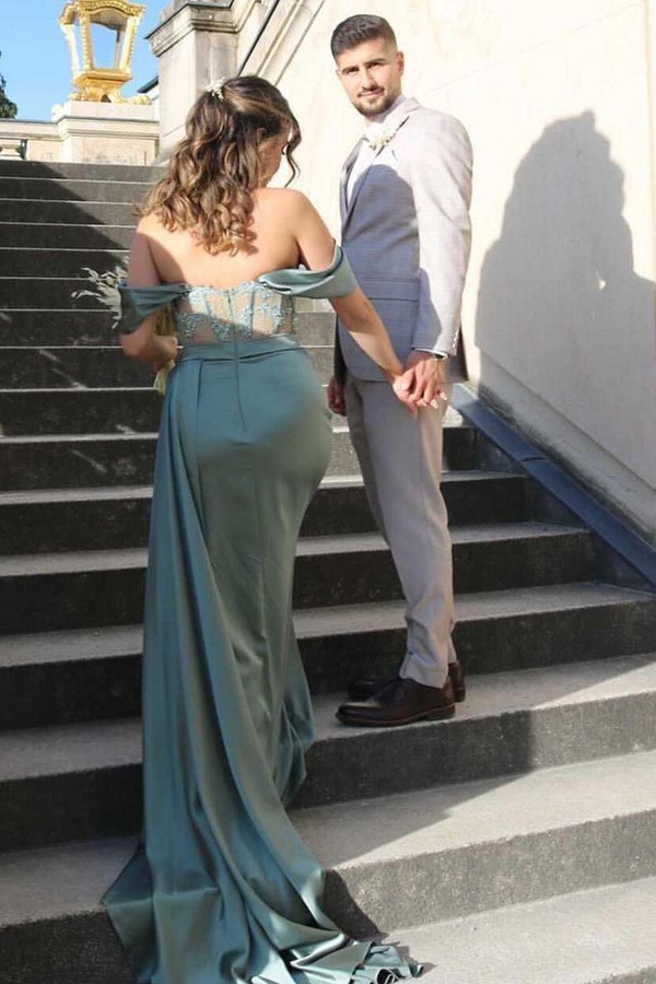 Off-the-Shoulder Stretch-Satin Evening Dress with One Side Slit